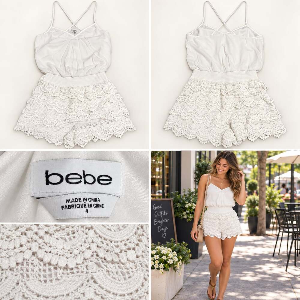 🤍 bebe White Crochet Lace Romper Crisscross Straps Size 4